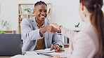 Businessman, interview and handshake for hiring, partnership or agreement in recruitment at the office. Happy employer shaking hands with employee or new recruit for meeting, greeting or deal at desk