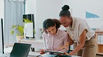 Teamwork, tablet and business women in office, working on research or discussion in workplace. Cooperation, technology and collaboration of employees or intern asking manager for help with project.