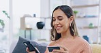 Happy woman, phone and credit card for online shopping, ecommerce or purchase on living room sofa at home. Female shopper with smile on mobile smartphone app for transaction or internet banking