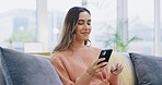 Happy woman, phone and credit card excited in ecommerce for payment on living room sofa at home. Female shopper smiling on mobile smartphone app for online shopping, transaction or internet banking