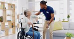 Help, home care and a woman with a caregiver and a wheelchair for disability, support and consulting. Happy, talking and a black man or male nurse helping a senior patient into a chair for nursing