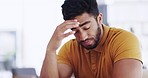 Laptop, typing and business man with headache, tired or exhausted with fatigue in workplace. Computer, migraine and depressed male professional with anxiety, burnout or sick, brain fog or stress.