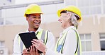 Tablet, laughing or engineering people planning or speaking of construction, building or maintenance. Mature woman, funny black man or happy electrician team talking or working on electricity project