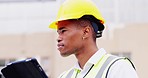 Inspection, construction or black man with tablet in engineering planning a photovoltaic project. Sustainability, online digital search or male electrician working on renewable energy or electricity 