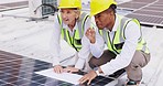 Blueprint, solar panels or engineering people planning construction or photovoltaic roof inspection. Black man, renewable energy or electrician team talking or working on electricity project on roof