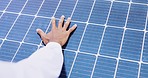 Closeup, hands and man checking solar panels, maintenance and engineer with sustainability. Male person, technician and worker with construction, completed job or inspect quality for renewable energy