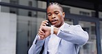 Black man, business phone call and street with watch, check and schedule for interview, meeting or appointment. African businessman, smartphone networking or late for work with time on road in city