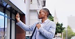 Man, phone call and search for signal in city for business, networking and check connection on cellphone. African businessman, smartphone and connectivity problem with stress, glitch and frustrated