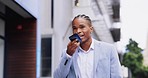 Black man, business phone call and speaker on street for communication, chat or networking in city. African businessman, smartphone and loudspeaker for talk, connection or walking on sidewalk in cbd