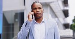 Phone call, city and business black man in discussion for planning, talking and networking in town. Communication, professional and male entrepreneur on smartphone in conversation, speaking and chat