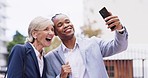 Selfie, happy and business people in city with smile for social media, profile picture and networking. Friends, communication and black man and senior woman in town for website post, update and photo