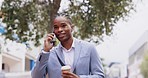 Phone call, happy and business black man in city for discussion, talking and networking in town. Communication, professional and male entrepreneur on smartphone in conversation, speaking and chat