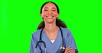 Face, green screen and woman with healthcare, doctor and happiness against a studio background. Portrait, happy female person and medical professional with arms crossed, research and empowerment