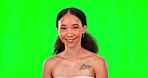 Happy, skincare and face of woman on green screen for wellness, facial treatment and beauty. Dermatology, 
 spa and portrait of female person on chromakey with confidence, smile and natural cosmetics