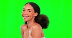 Beauty, skincare and face of happy woman on green screen for wellness, facial treatment and glow. Dermatology, spa and portrait of girl on chromakey with confidence, smile and natural cosmetics