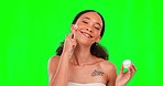 Beauty, cream and face of woman on green screen for wellness, facial treatment and skincare creme. Dermatology, spa product and portrait of happy girl with lotion, moisturizer and cosmetics in studio