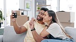 Couple, selfie kiss and peace sign in home living room, bonding and happiness. Interracial, smile and self picture of man and woman kissing, v hand gesture and photo for social media or happy memory.