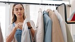 Wardrobe decision, clothing choice and woman shopping with designer fashion and rail. Female customer, shop discount and boutique design promotion with a young person with stylish outfit on a hanger