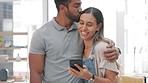 Phone, smile and couple kiss in home, social media or online shopping in house together. Cellphone, happiness and man and woman networking, kissing and web browsing on mobile app, website or scroll.