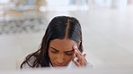 Stress headache, burnout and call center, woman in office, exhausted and pain at work at Asian crm agency. Frustrated, fatigue and tired customer service agent, anxiety and problem in mental health.