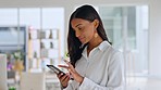 Phone, break or Indian woman in office on social media to relax while networking, chatting or texting message. News, scroll or female employee typing or checking emails online on digital mobile app 