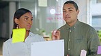 Teamwork, ideas or Indian woman writing on glass board for problem solving or business project strategy. Focus, board or creative people planning innovation, vision or solutions together in office 