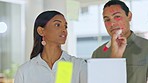 Teamwork, agenda or Indian woman writing on glass board for problem solving or business project strategy. Focus, ideas or creative people planning innovation, vision or solutions together in office 