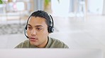 Call center, consultant and man with telemarketing, speaking and help in the office. Male employee, agent or worker with a headset, communication and advice for tech support, customer service and crm