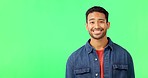 Portrait, yes and happy man on green screen with mockup, agreement and space for product or information. Happiness,  positive opinion and model with smile, nodding head and good review announcement.
