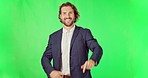 Call me, flirt and man portrait with green screen and a smile from a business employee. Isolated, studio background and number exchange hand sign of a male person model feeling playful and happy 
