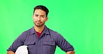 Green screen, engineer and Asian man shake head for disappointed, no and negative gesture in studio. Construction worker, chromakey and portrait of male person for failure, mistake and bad planning