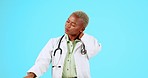 Black woman, doctor and neck pain in stress, anxiety or burnout against a blue studio background. African female medical professional suffering bad ache, pressure or overworked strain on mockup