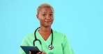 Face, nurse and black woman shaking head with tablet in studio isolated on a blue background mockup. Portrait, female medical professional and no, rejection or serious disagreement for healthcare.