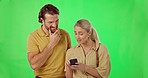 Love, green screen and couple with a smartphone, typing and social media against a studio background. Partners, man and woman with a cellphone, mobile app and connection with happiness and discussion