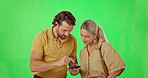 Lost, couple and phone on green screen for gps, direction or navigation on mockup or studio background. Smartphone, location and people online for internet, search and app for map while traveling 