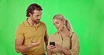 Green screen, discussion and couple with a cellphone, communication and online reading against a studio background. Partners, man and woman with a smartphone, bonding and digital with relationship