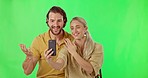 Video call, couple and news of engagement on green screen studio, excited and showing ring. Love, live streaming and social media influencer people sharing proposal or announcement to blog followers