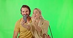 Couple, phone and video call on green screen waving for happy travel or communication against a studio background. Happy man and woman with smile talking on mobile smartphone on chromakey mockup