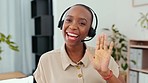 Face, black woman and wave on video call with headset for telemarketing in office. Portrait, callcenter and happy sales agent waving in virtual chat, webinar or online meeting for customer service.