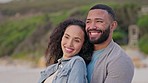 Happy, love and couple on beach at sunset for quality time, bonding and adventure on weekend. Travel, dating and calm woman and man with happiness embrace, hugging and together for summer holiday