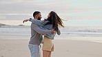 Love, dance and couple on a beach, travel and summer vacation with happiness, relax and romance. Partners, man or woman dancing, romantic and seaside holiday for bonding, quality time and anniversary