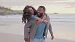 Piggyback, hug and couple at a beach with love, fun and happy bonding in nature. Jump, embrace and man with woman on vacation, holiday or trip, bond and cheerful while traveling in Florida together