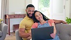 Relax, love and happy couple with laptop on a sofa for entertainment, streaming and bond in their home. Online, comedy and man embrace woman in living room with subscription service, comic or movie