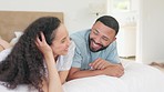 Bedroom, conversation and relax couple talking, happy and in morning bonding conversation, discussion or chat. Smile, marriage happiness and home man, woman or people enjoy honeymoon in hotel bed