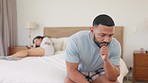 Stress, fight and divorce with couple in bedroom for erectile dysfunction, frustrated or depression. Infertility, breakup and thinking with man and woman at home for toxic relationship, fear or worry