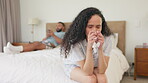 Sad, crying and divorce with couple in bedroom for erectile dysfunction, frustrated and depression. Infertility, breakup and thinking with man and woman at home for toxic relationship, fear and worry