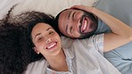 Love, selfie and face of happy couple in bed from above, smile and romantic morning in their home. Portrait, relax and influencer people pose for social media, profile picture or blog in a bedroom