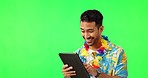 Man, tablet and search for vacation with choice by green screen mock up with thinking, idea or choose with happiness. Tourist, guy and touchscreen with decision for holiday destination on internet