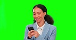 Business woman, phone and texting by green screen with smile on face for online date, email communication or chat. Young businesswoman, smartphone or reading on app, web or social network in mockup