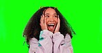Surprise face, young woman and green screen with happiness feeling excited from news. Wow emoji, shock and female person with chromakey mockup with sale announcement, deal win and offer in studio